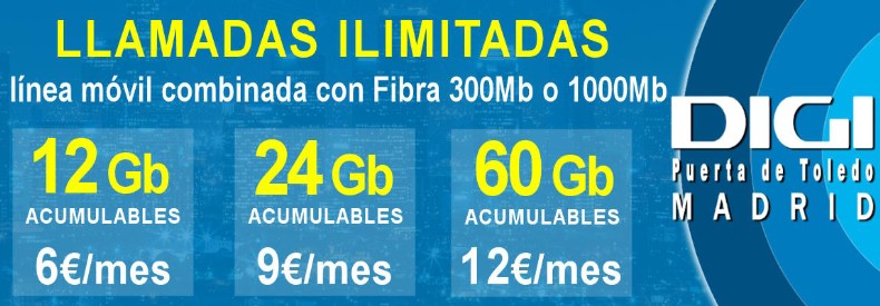 Digi lineas movil combinadas con fibra 300mb o 1000mb 6€ - 9€ - 12€